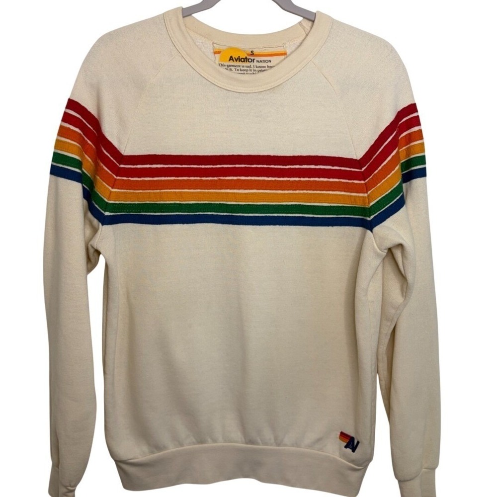 Aviator Nation 5 Stripe Crewneck Sweatshirt Women's S Vintage White Made USA